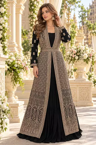 Black chinon readymade anarkali suit with embroidery & sequence work