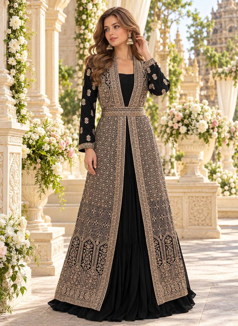 Black chinon readymade anarkali suit with embroidery & sequence work