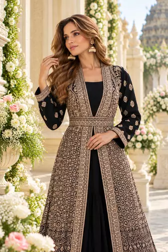 Black chinon readymade anarkali suit with embroidery & sequence work