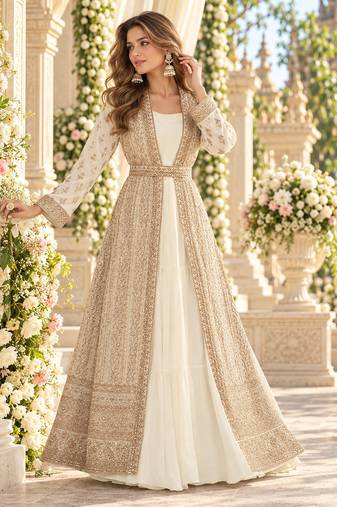 Off white chinon readymade anarkali suit with embroidery & sequence work