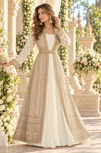 Off white chinon readymade anarkali suit with embroidery & sequence work