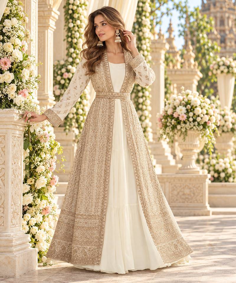 Off white chinon readymade anarkali suit with embroidery & sequence work