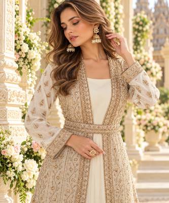 Off white chinon readymade anarkali suit with embroidery & sequence work 2