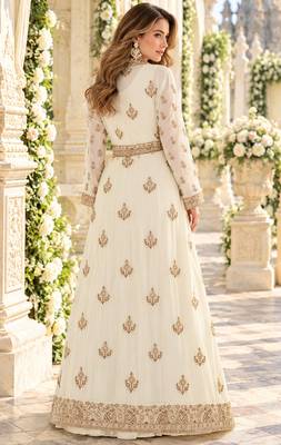 Off white chinon readymade anarkali suit with embroidery & sequence work 3