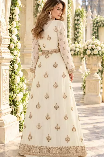 Off white chinon readymade anarkali suit with embroidery & sequence work