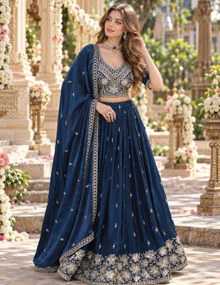 Navy Silk Blend Semi Stitched Lehenga Choli with Embroidery & Beads Work 1