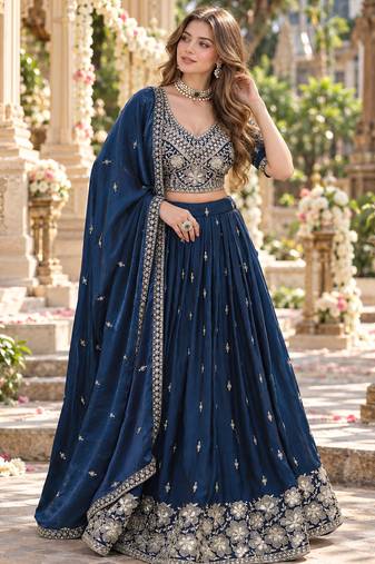 Navy Silk Blend Semi Stitched Lehenga Choli with Embroidery & Beads Work