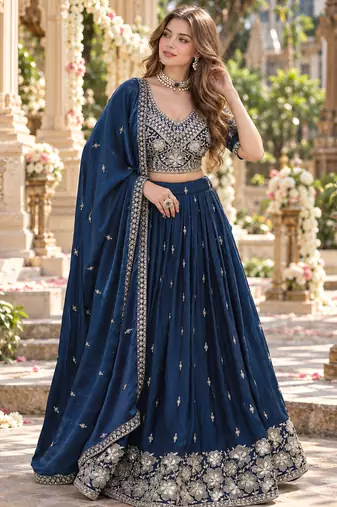 Navy Silk Blend Semi Stitched Lehenga Choli with Embroidery & Beads Work