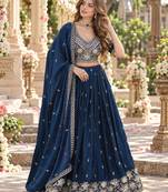 Navy Silk Blend Semi Stitched Lehenga Choli with Embroidery & Beads Work