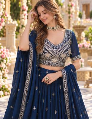 Navy Silk Blend Semi Stitched Lehenga Choli with Embroidery & Beads Work 2