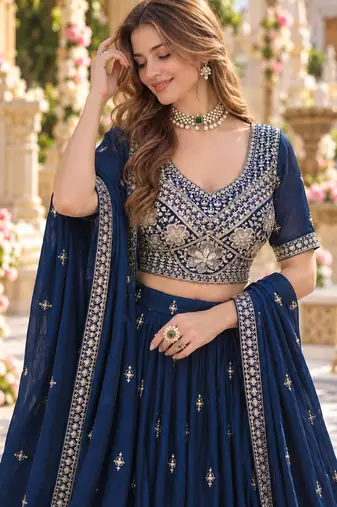 Navy Silk Blend Semi Stitched Lehenga Choli with Embroidery & Beads Work