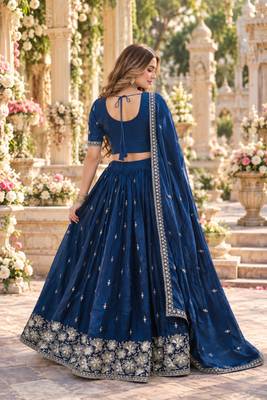 Navy Silk Blend Semi Stitched Lehenga Choli with Embroidery & Beads Work 3