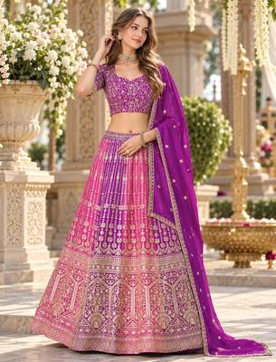 Purple&Rani Georgette Semi Stitched Lehenga Choli with Embroidery & Diamond Work 1