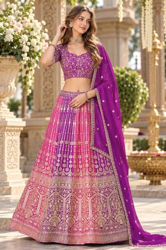 Purple&Rani Georgette Semi Stitched Lehenga Choli with Embroidery & Diamond Work
