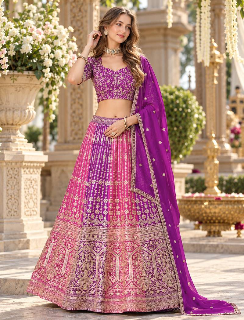 Purple&Rani Georgette Semi Stitched Lehenga Choli with Embroidery & Diamond Work