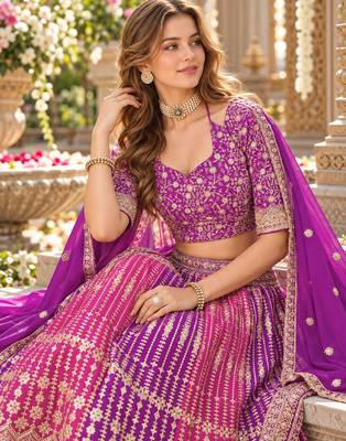Purple&Rani Georgette Semi Stitched Lehenga Choli with Embroidery & Diamond Work 2