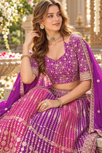 Purple&Rani Georgette Semi Stitched Lehenga Choli with Embroidery & Diamond Work