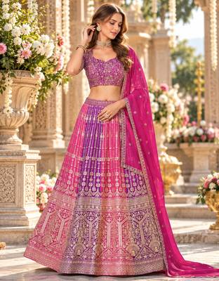 Rani&Purple Georgette Semi Stitched Lehenga Choli with Embroidery & Diamond Work 1