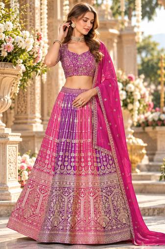 Rani&Purple Georgette Semi Stitched Lehenga Choli with Embroidery & Diamond Work