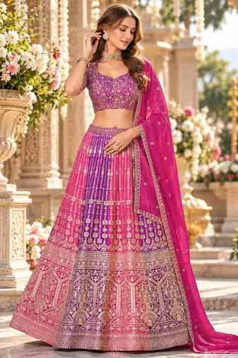 Rani&Purple Georgette Semi Stitched Lehenga Choli with Embroidery & Diamond Work