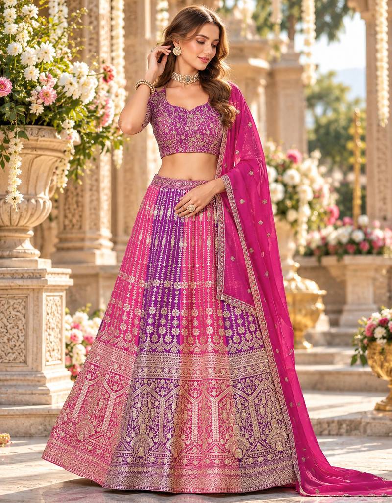 Rani&Purple Georgette Semi Stitched Lehenga Choli with Embroidery & Diamond Work