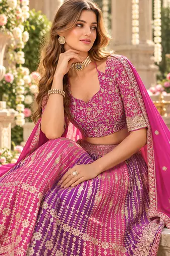 Rani&Purple Georgette Semi Stitched Lehenga Choli with Embroidery & Diamond Work