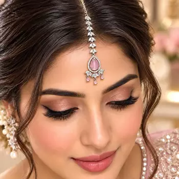 Pink Stone Maang Tikka, Indian Bridal Forehead Jewelry 1