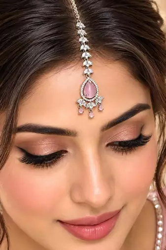 Pink Stone Maang Tikka, Indian Bridal Forehead Jewelry