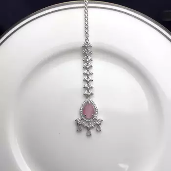 Pink Stone Maang Tikka, Indian Bridal Forehead Jewelry 2