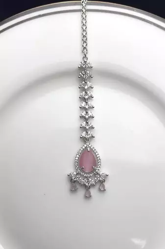 Pink Stone Maang Tikka, Indian Bridal Forehead Jewelry