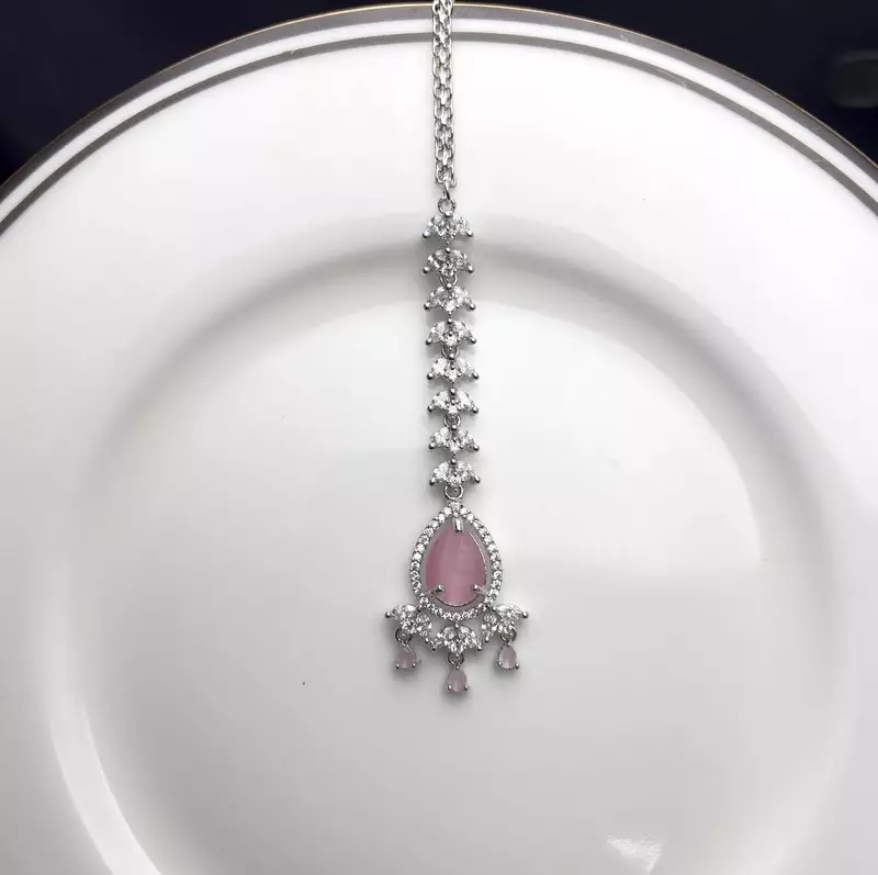 Pink Stone Maang Tikka, Indian Bridal Forehead Jewelry