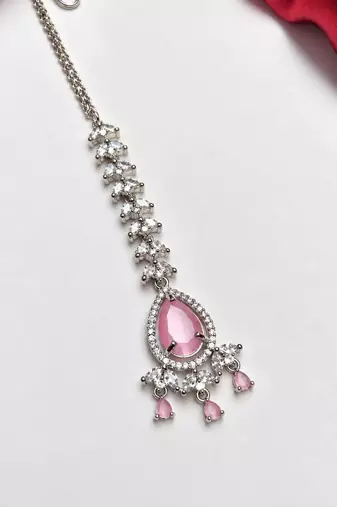 Pink Stone Maang Tikka, Indian Bridal Forehead Jewelry