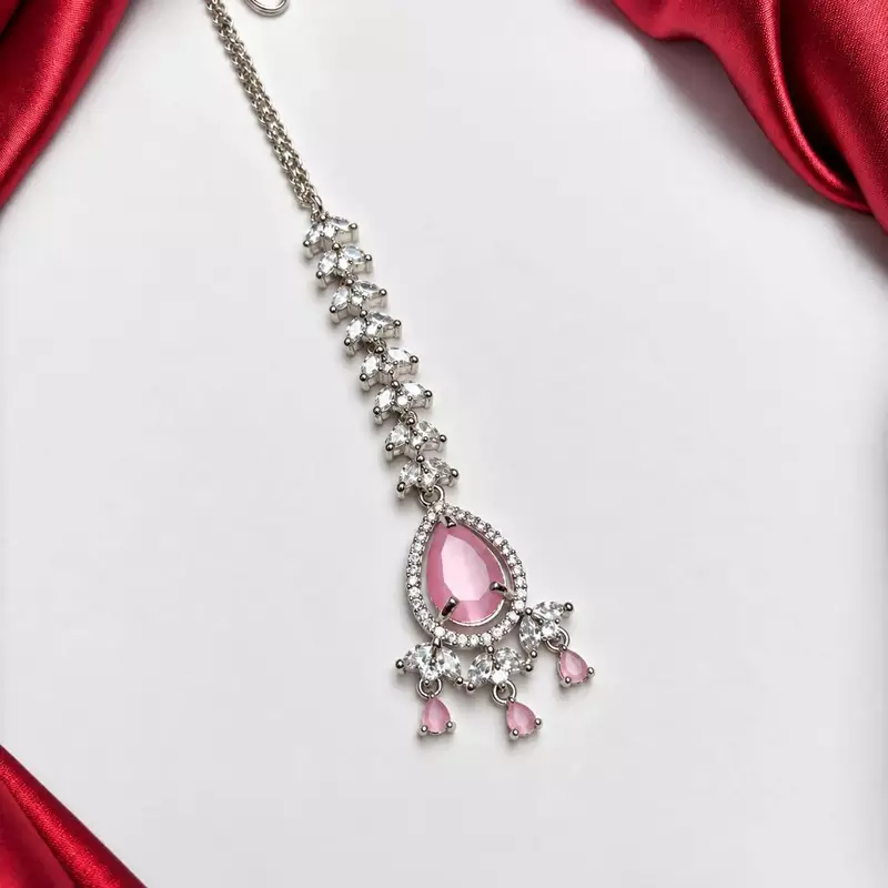 Pink Stone Maang Tikka, Indian Bridal Forehead Jewelry