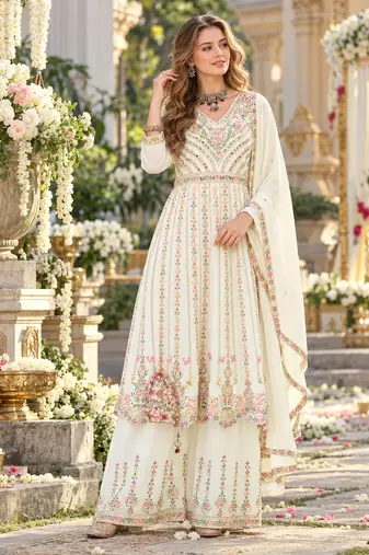 White chinon readymade suit with embroidery & sequence work
