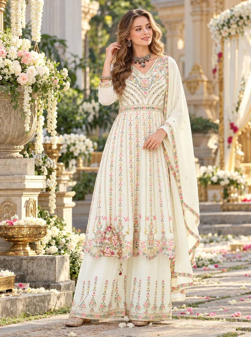 White chinon readymade suit with embroidery & sequence work