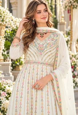 White chinon readymade suit with embroidery & sequence work 2