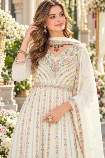 White chinon readymade suit with embroidery & sequence work