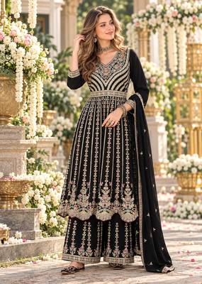Black chinon readymade suit with embroidery & sequence work 1