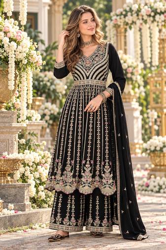 Black chinon readymade suit with embroidery & sequence work