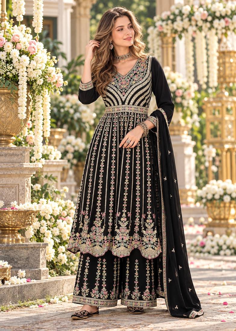 Black chinon readymade suit with embroidery & sequence work