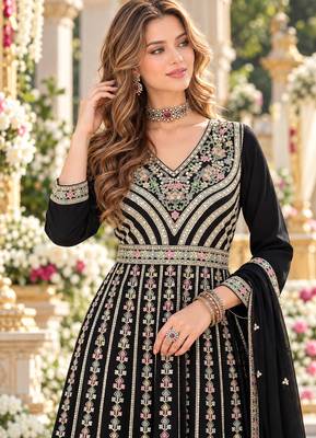 Black chinon readymade suit with embroidery & sequence work 2