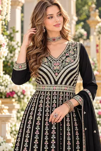 Black chinon readymade suit with embroidery & sequence work