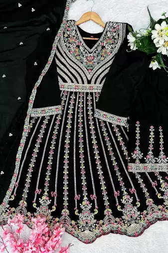 Black chinon readymade suit with embroidery & sequence work
