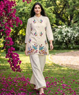 White embroidered khadi cotton 2 piece co-ord sets for women 1
