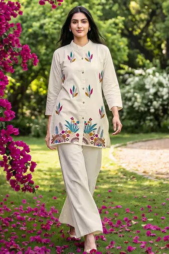 White embroidered khadi cotton 2 piece co-ord sets for women