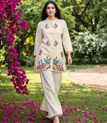 White embroidered khadi cotton 2 piece co-ord sets for women
