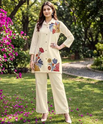 White embroidered khadi cotton 2 piece co-ord sets for women 1