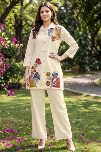 White embroidered khadi cotton 2 piece co-ord sets for women