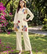 White embroidered khadi cotton 2 piece co-ord sets for women