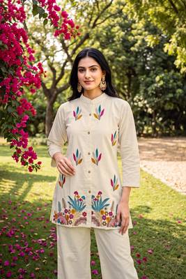 White embroidered khadi cotton 2 piece co-ord sets for women 2